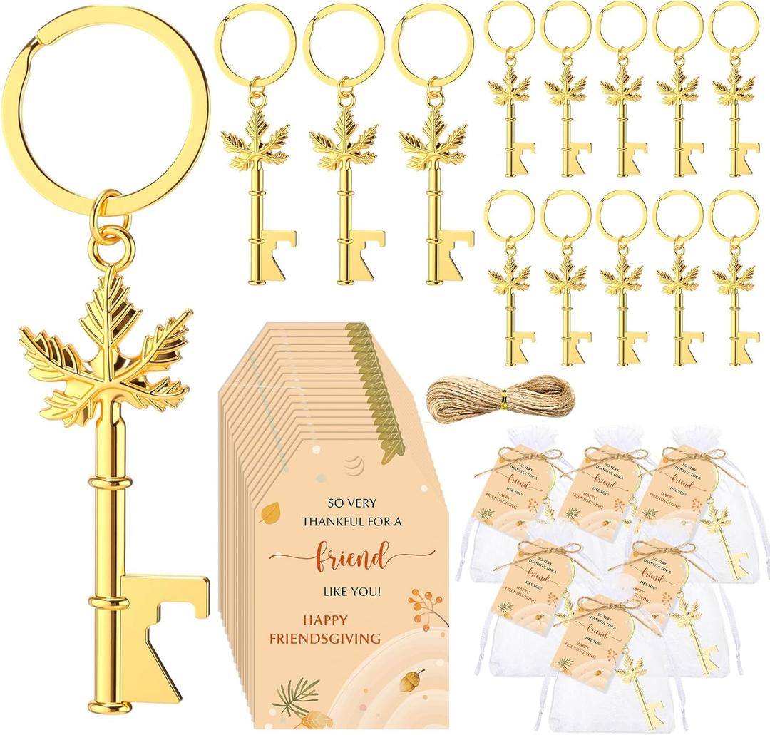 24 Sets Thanksgiving Party Bulk Happy Friendsgiving Gifts Include Maple Leaf Keychain Bottle Opener Gift Favors Happy Friendsgiving Card Organza Bag for Fall Favors Decoration