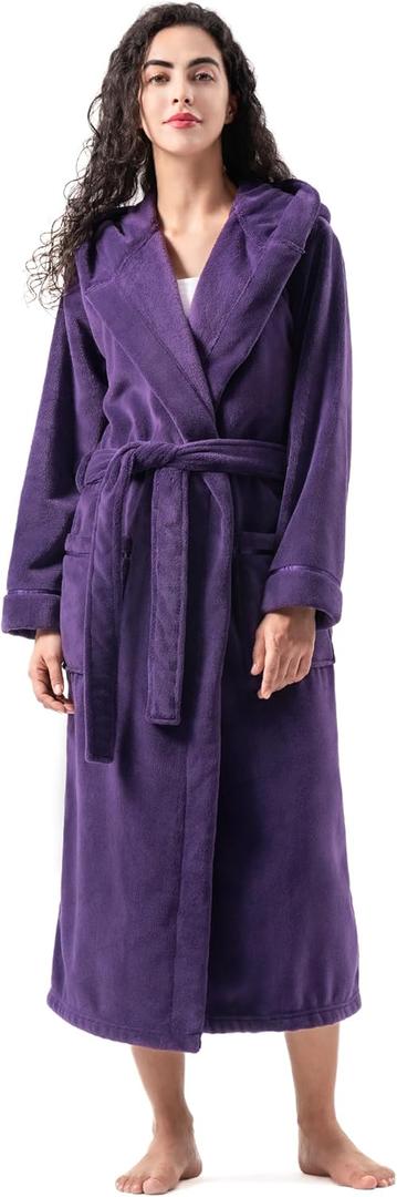 DAVID ARCHY Plush Robes for Women Warm Thick Fleece Fluffy Luxury Cozy Soft Hooded Bathrobe Winter House Full Length (Large, B-deep Grape Purple)