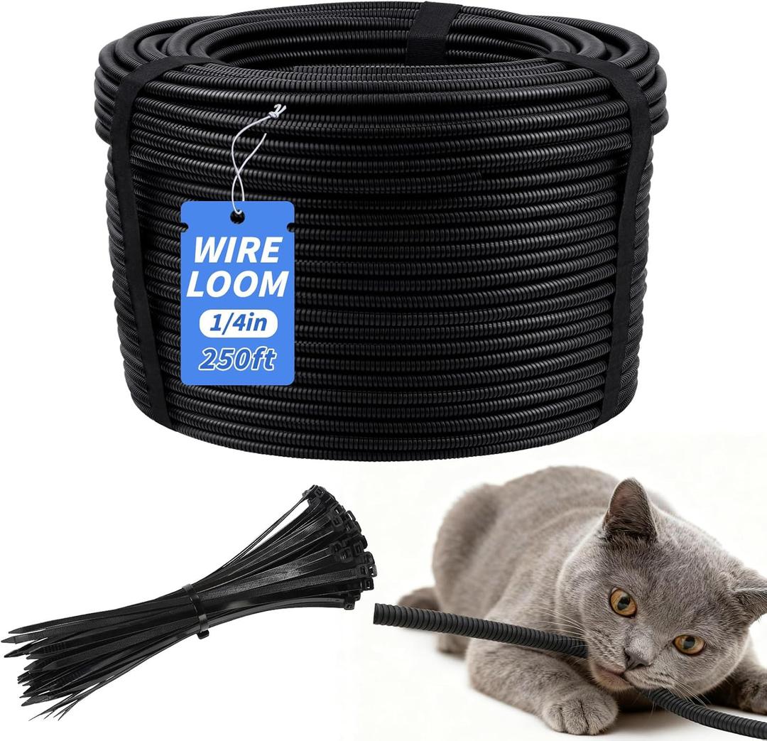 250FT Split Wire Loom Tubing, 1/4 Inch Wire Protector Tubing, Automotive Wire Flexible Conduit Cord Covers with 20 Cable Ties for Automotive Marine RV Agriculture Electrical Cable Protection