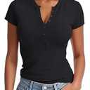 Prettywear Womens 2025 Summer Casual Basic Tops Short Sleeve V Neck Fitted Button Up Henley Shirts Black M