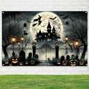 Halloween Witch Banner 71x43 Inch Backdrop with Haunted House, Bats, Pumpkins, Spider Webs, and Creepy Graveyard for Halloween Party Decorations Banner