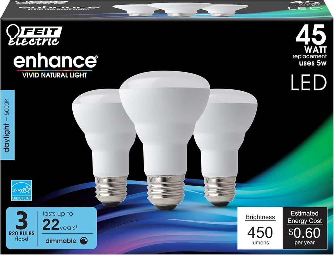 Feit Electric R20 LED Light Bulb, 45W Equivalent, Dimmable, 5000K Daylight, 450 Lumens, 90 CRI, E26 Base, Damp Rated, Recessed and Track Lighting Bulbs, 22-Year Lifetime, R20DM/950CA/3, 3 Pack