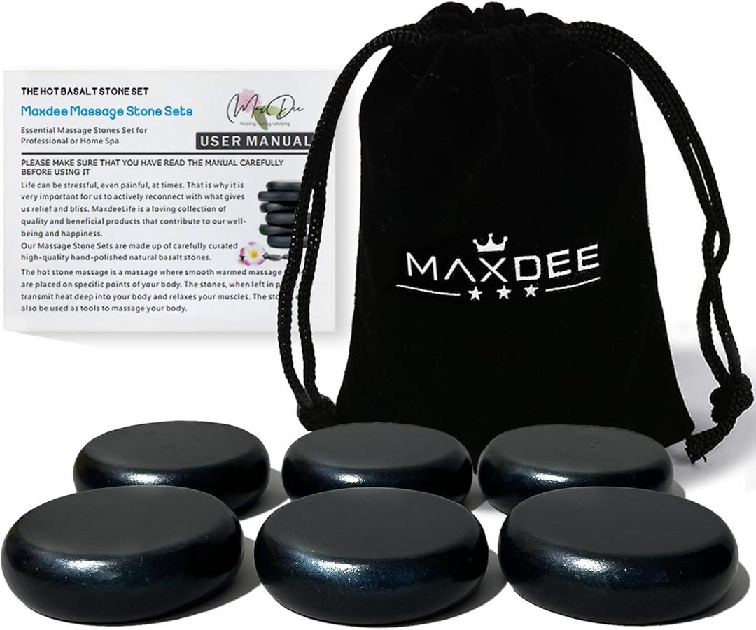Maxdee Massage Stones Essential Hot Stones for Massage, 6 Medium Hot Stones Massage Kit Hot Rocks Massage Stones for Professional or Home Spa, Foot Heater, Relaxing, Healing, Pain Relief, 2.4" (Black)