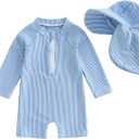 Baby Boys Girls Swimsuit One Piece Striped Zipper Bathing Suit Rash Guard Long Sleeve Seersucker Swimwear Sunsuit (0-3 Months, Blue)
