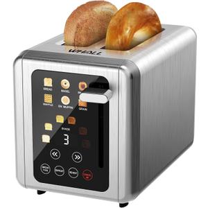 WHALL Touch Screen Toaster 2 Slice, Smart Digital Toaster with 1.5" Wide Slots,6 Shade Settings & 6 Bread Types, Memory Function, Countdown Timer, Brushed Stainless, Ideal Kitchen Gift & Essential