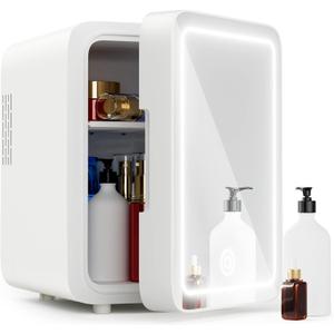 Skincare Fridge - Mini Fridge with Dimmable LED Mirror (4 Liter/6 Can), Cooler and Warmer, for Skincare and Food, Mini Fridge for Bedroom, Office and Car, White
