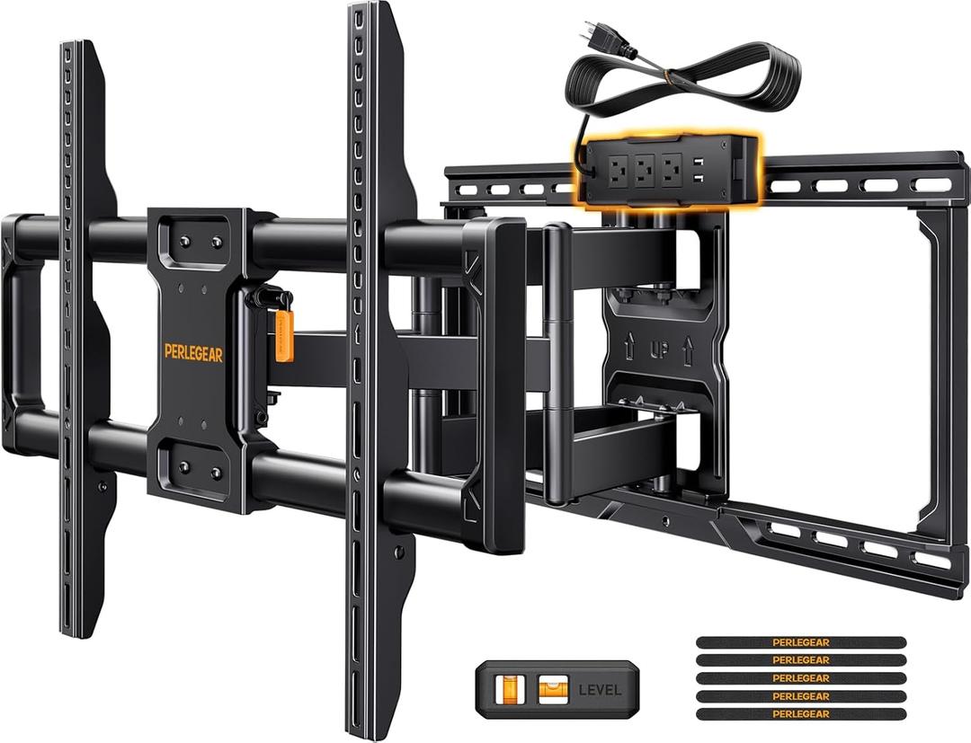 Perlegear Full Motion TV Wall Mount with Power Strip for 4290 Inch TVs up to 150 lbs, Pre-Assembled TV Mount Has Smooth Swivel, Tilt, Extension, Max VESA 600x400mm, 12/16/24 Wood Studs, PGLF11