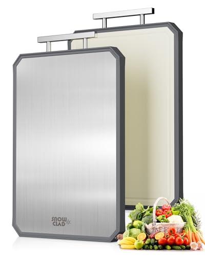 SNOWCLAD Stainless Steel Cutting Board,Double Sided Steel Bread Boards for kitchen,Stainless Steel/Wheat straw pp Large Board for meat,non toxic Chopping,16 * 11 Inch,Dishwasher Safe