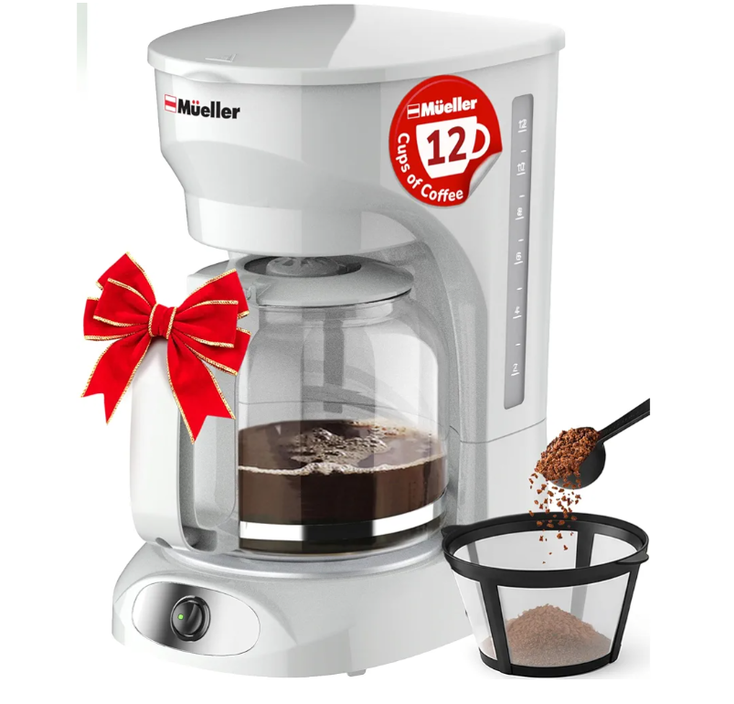 MUELLER HOME 12-Cup White Coffee Maker - Borosilicate Carafe, Auto-Off, Reusable Filter, Anti-Drip, Keep-Warm Function, Clear Water Level Window, White Kitchen Accessories