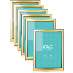 LaVie Home 5x7 Picture Frames (6 Pc, Gold) Simple Designed Photo Frame with High Definition Glass for Wall Mount & Table Top Display, Set of 6 Classic Collection