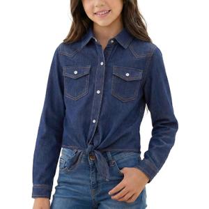 Spring&Gege Girls Denim Western Pearl Snap Shirt Cowgirl Tie Knot Crop Button Down Shirt Long Sleeve Wrinkle Free Blouse Top (13-14 Years, Indigo Dark Blue)