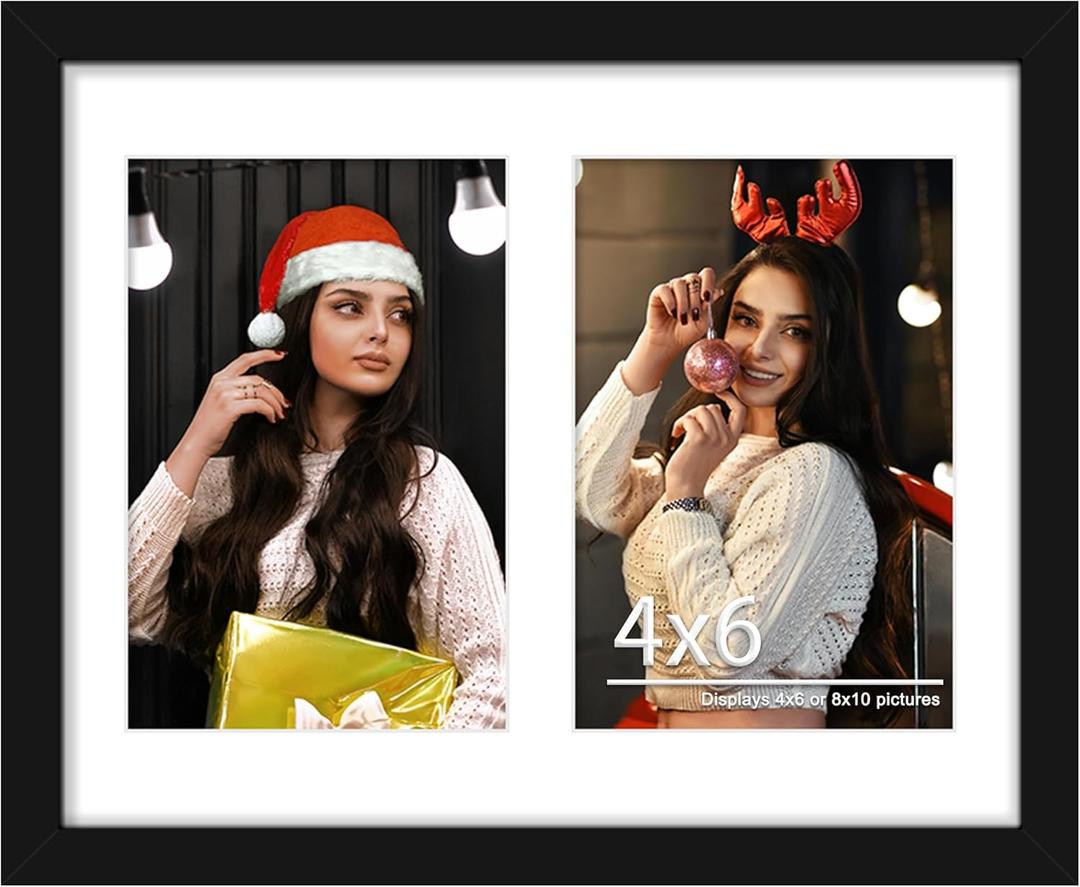 DUENPY 8x10 Double Picture Frame White Mat For Displaying Two 4x6 Pictures, Photo Frame for Wall Mounting or Tabletop, Black.