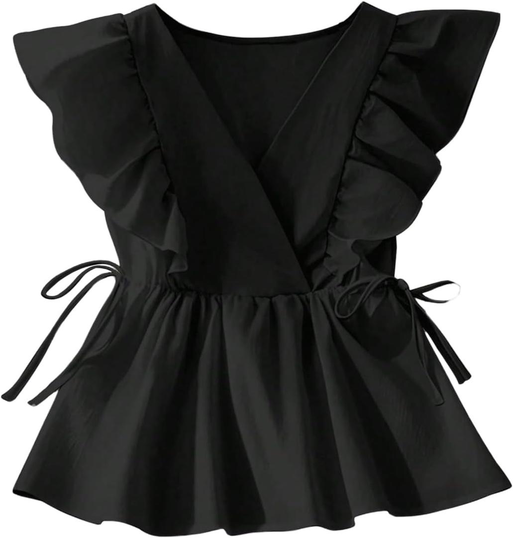 SHENHE Women's Ruffle Sleeve Tie Waist Drawstring Tops Summer V Neck Elegant Blouse Dressy Crop Tank Top (Black, S)