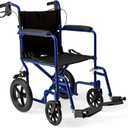 Lightweight Foldable Transport Wheelchair with Handbrakes and 12-Inch Wheels, Blue Frame, Black Upholstery