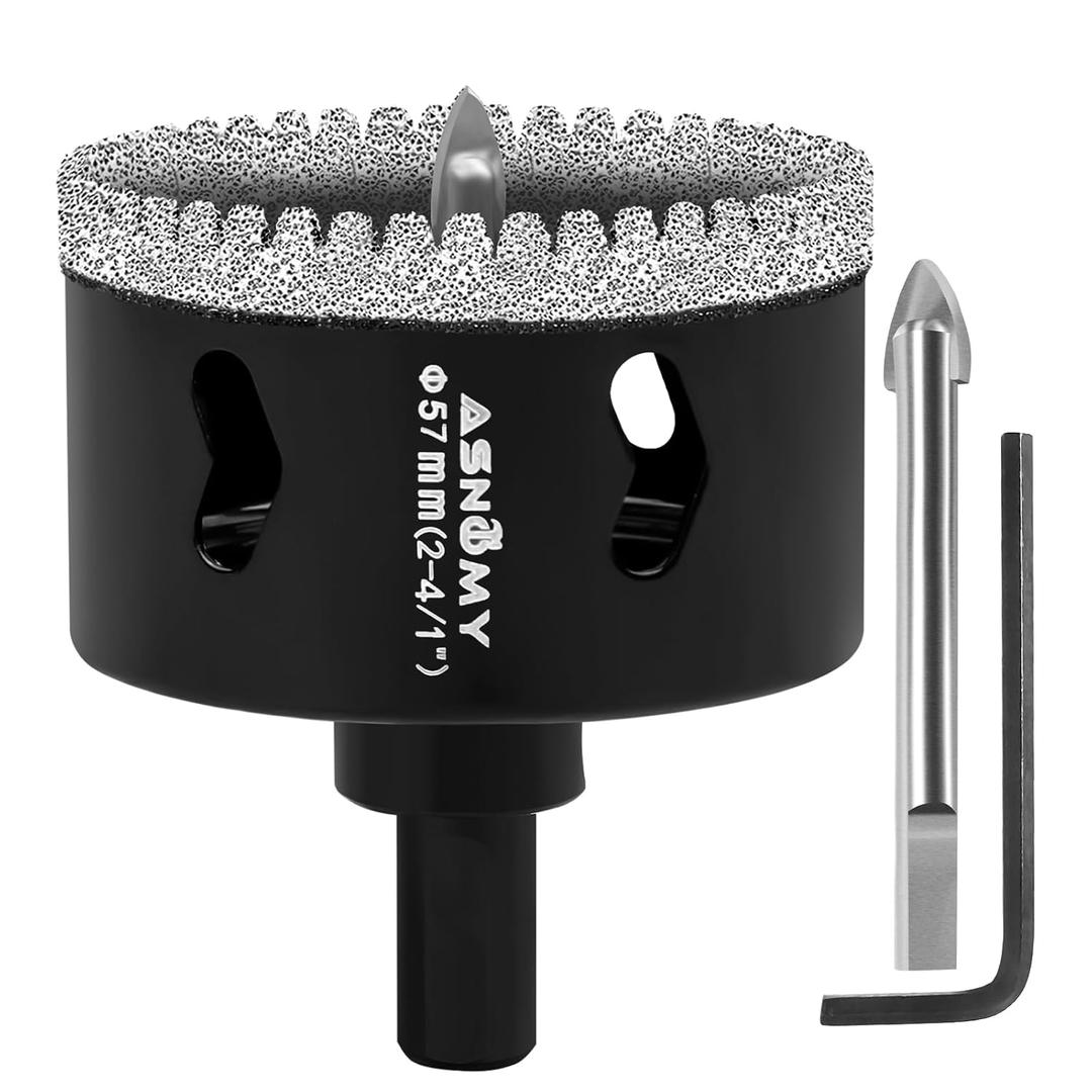 2-1/4 Inch Diamond Hole Saw with Pilot Drill Bit, 2-1/4" Serrated Brazing Tile Hole Saw Diamond Core Drill Bits with Guiding Bit for Ceramic Porcelain Tile Glass Stone Granite Marble