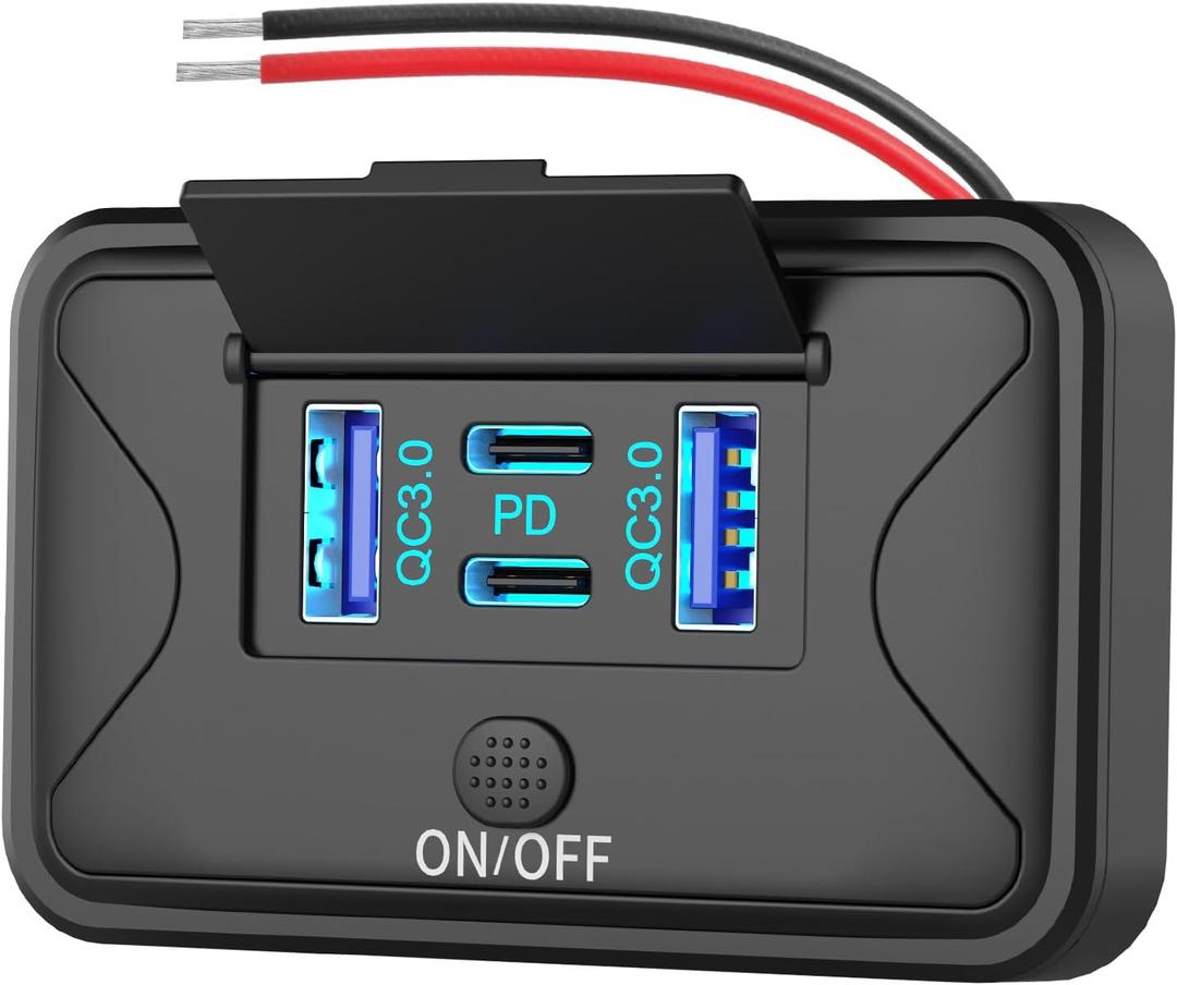 78W 4 Port 12V USB Outlet Wall Mount, Dual 36W PD & Dual 18W QC3.0 Lightweight Surface Mount Charger Socket Panel with Button Switch for Bus RV Truck Marine Golf Cart