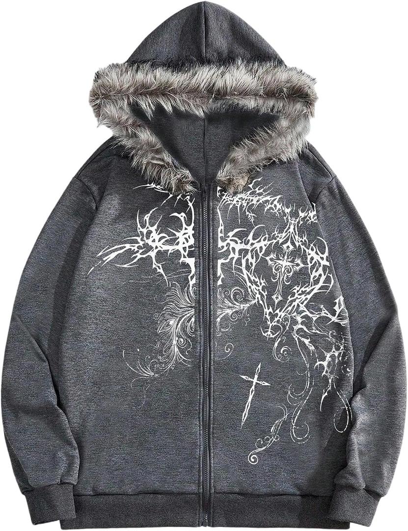 SOLY HUX Y2k Grunge Gothic Streetwear Fur Zip Hoodie (Gray, L)