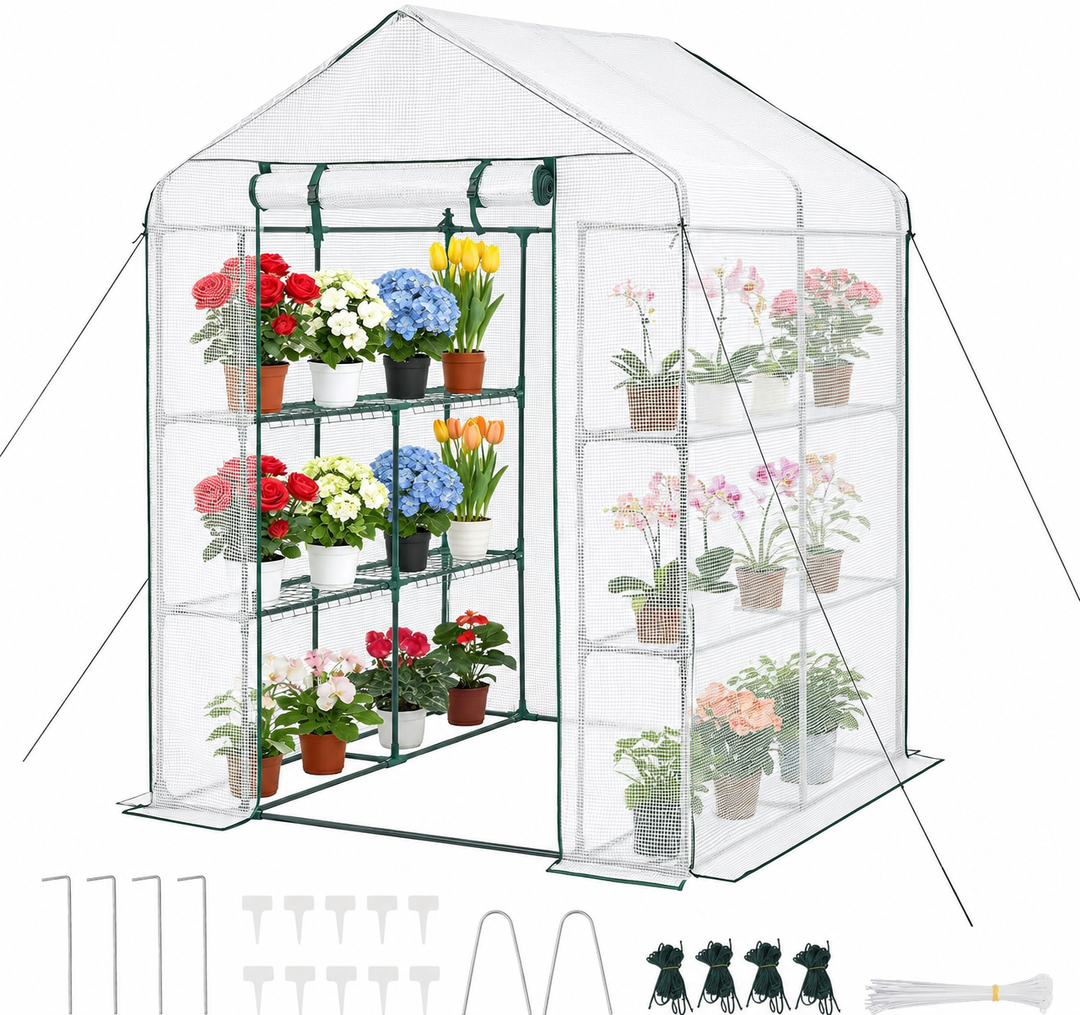 VEVOR Walk-in Greenhouse, 4.6x4.6x6.6 ft Greenhouse for Outdoors with PE Cover, 2 Tiers 8 Shelves, Roll-Up Zipper Door, Walk in Green House, Portable Plant Garden Hot House for Backyard Outside