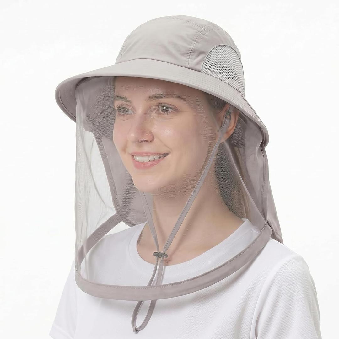 Jiuguva Mosquito Hat Sun Protection Wide Brim Fishing Hat Mosquito Head Net with Adjustable Strap Nap Flap Women Men Outdoors (Gray, L)