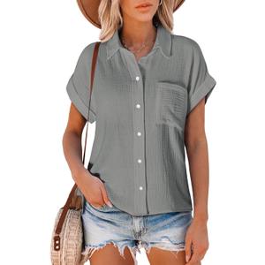 Astylish Women Summer Tops Cotton Short Sleeve Shirt V Neck Button Down Blouse Tunic Tops (Gray, L)
