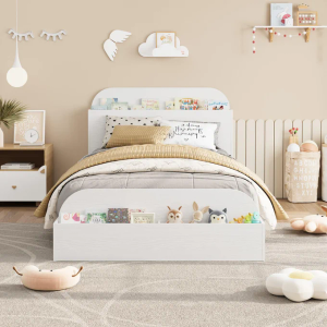 Garvee Twin Size Low Platform Bed Frame, Sturdy Wood Bed with Storage Headboard, Raised Footboard & Sturdy Wooden Slats, No Box Spring Required, White