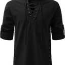 JOGAL Mens Renaissance Shirt Medieval Pirate Viking Halloween Costume Gothic Steampunk Retro Long Sleeve Lace Up Shirts (Large, Black)