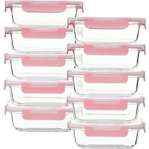 Glass Food Storage Containers 10 Pack - 22Oz Meal Prep Container Set with Lid, Airtight Snap Lock, Microwave Freezer Oven Dishwasher Safe, Lunch Box for Work, Pink