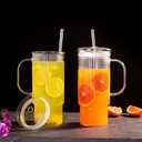 32oz Ribbed Glass Cup with Handle glass Lid and Plastic Straw, Glass Tumbler, Iced Coffee Cups Hot/Cold Drinks