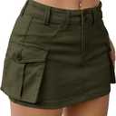 EARKOHA Women's Mini Cargo Skirt Y2K Low Waist Button Short Bodycon Denim Jean With Flap Pockets (X-Large, A-dark Green)