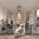 BHG Metal No-Assembly Freestanding Dog Gate with Door Walk Through, Extra Wide 96", Extra Tall 32" Pet Gate, Accordion Puppy Folding Playpen Dog Fence, with 4PCS Support (Black, 8 Panels)
