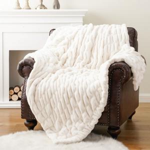 BATTILO HOME Cream Faux Fur Throw Blanket for Bed, Large Double Side Ruched Rabbit Fur Blanket for Couch, Bed, Super Soft Cozy Mink Blanket, 60"x80" (Ivory)