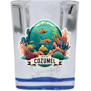 R and R Imports Cozumel Mexico Souvenir 2.5 Ounce Shot Glass Square Blue Base A
