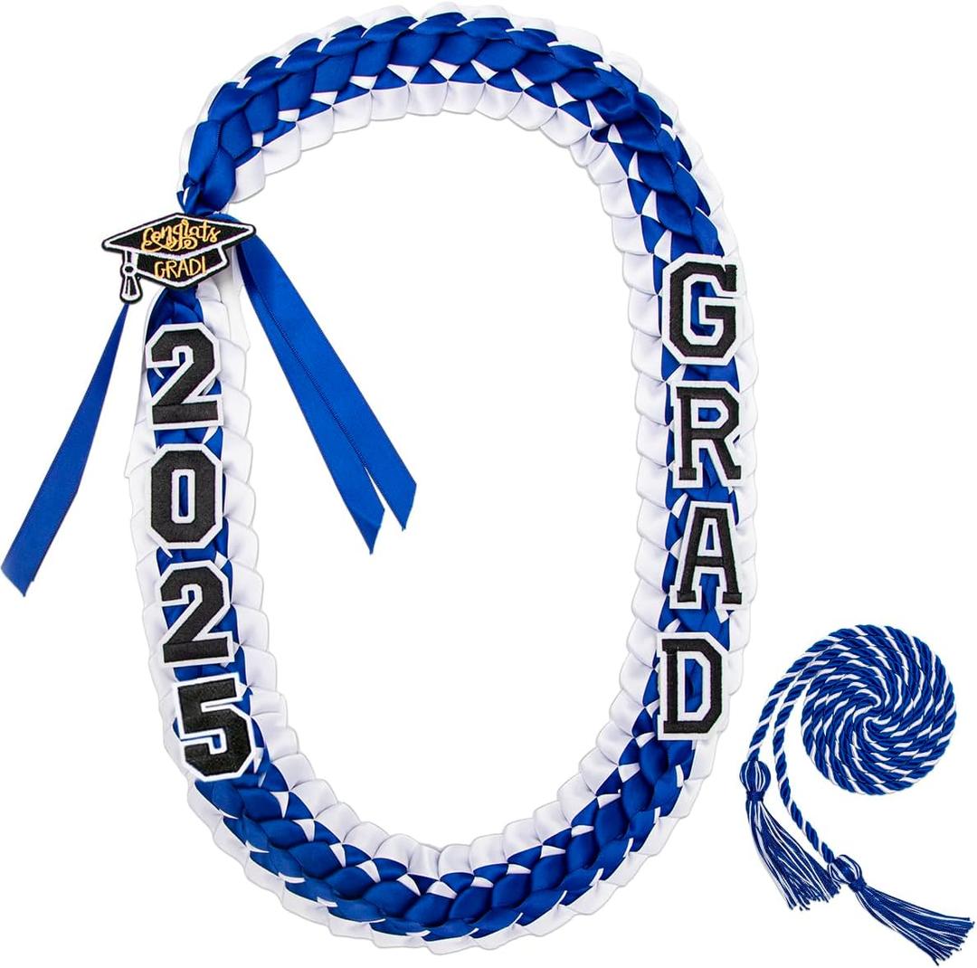 ALKB Graduation Leis, Grad Decor with Honor Cord Class of 2025 Gifts for Women/Man (Blue + White)