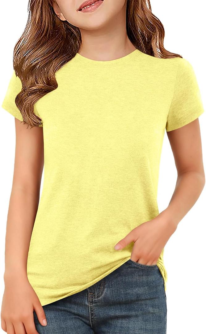 ZDC Girls Short Sleeve T Shirts Kids Summer Basic Tee Crewneck Cute Tops | Cute Tops, Solid Color, School Shirt, 5-14 Years (Yellow)