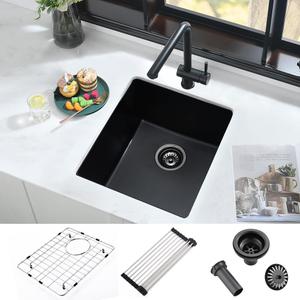 17 Inch Bar Sink Undermount Black-iAnomla 17x17 Undermount Bar Sink Bar Prep Sink Black Quartz Sink Wet Bar Single Bowl Kitchen Sink Small Rv Kitchen Sink with Bottom Grid