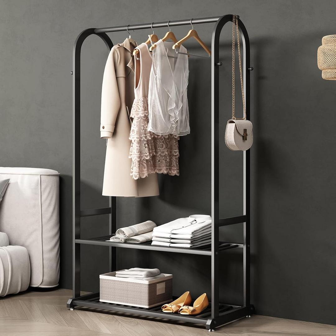 Heavy duty clothes rack,Metal Clothing rack for hanging clothes,garment rack with bottom shelves and 6 side hooks for bedroom cloakroom(black, L:39.4)