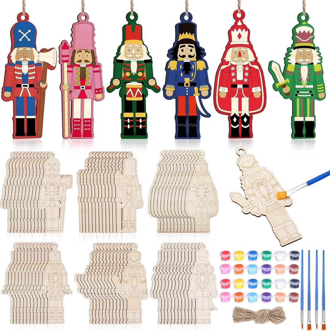 Cinnvoice 60 Pcs Wood Christmas Crafts for Adults DIY Paint Xmas Ornaments Blank Unfinished Wooden Cutouts Shapes Slices Hanging Embellishment for Christmas Tree Holiday Party Decor(Nutcracker)
