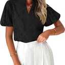 ZESICA Women's Summer Short Puff Sleeve Shirts 2025 V Neck Casual Hollow Out Lace Embroidered Blouse Tops (Black, S)