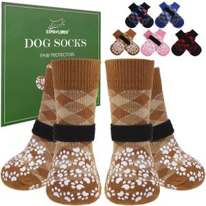 EXPAWLORER Dog Socks for Cold Winter Snow to Prevent Licking Paws, Anti Slip Doggie Booties Grippy Shoes for Hardwood Floors, Boots & Paw Protectors for Small Medium Large Senior Dogs Khaki M