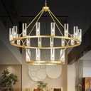 48 Inch Large Gold Wagon Wheel Chandelier with Clear Glass Shade 2 Tier 24-Lights Round Pendant Light Farmhouse Industrial Chandeliers Dining Room Light Fixture for Stair Living Room Foyer