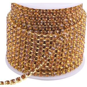 KAOYOO 10 Yards 4MM Crystal Rhinestone Close Chain Trim for Sewing Crafts,DIY Decoration (SS16/4.0mm, Golden with Topaz Beads)