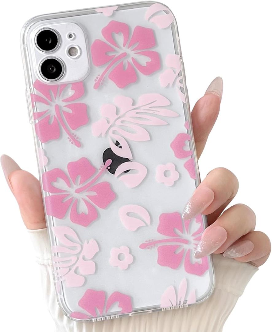 NITITOP Compatible with iPhone 11 Case Cute Clear Aesthetic Floral Flower Hibiscus Pattern for Girls Women Soft TPU Full Camera Lens Shockproof Protective Phone Cover - Pink