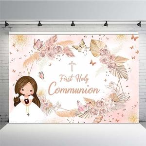 MEHOFOND 7x5ft First Holy Communion Backdrop for Girls Mi Primera Comunión Background for Photography Pink Florals Pampas Grass Happy Birthday Party Banner Supplies Decor Photo Booth Props 2Pcs