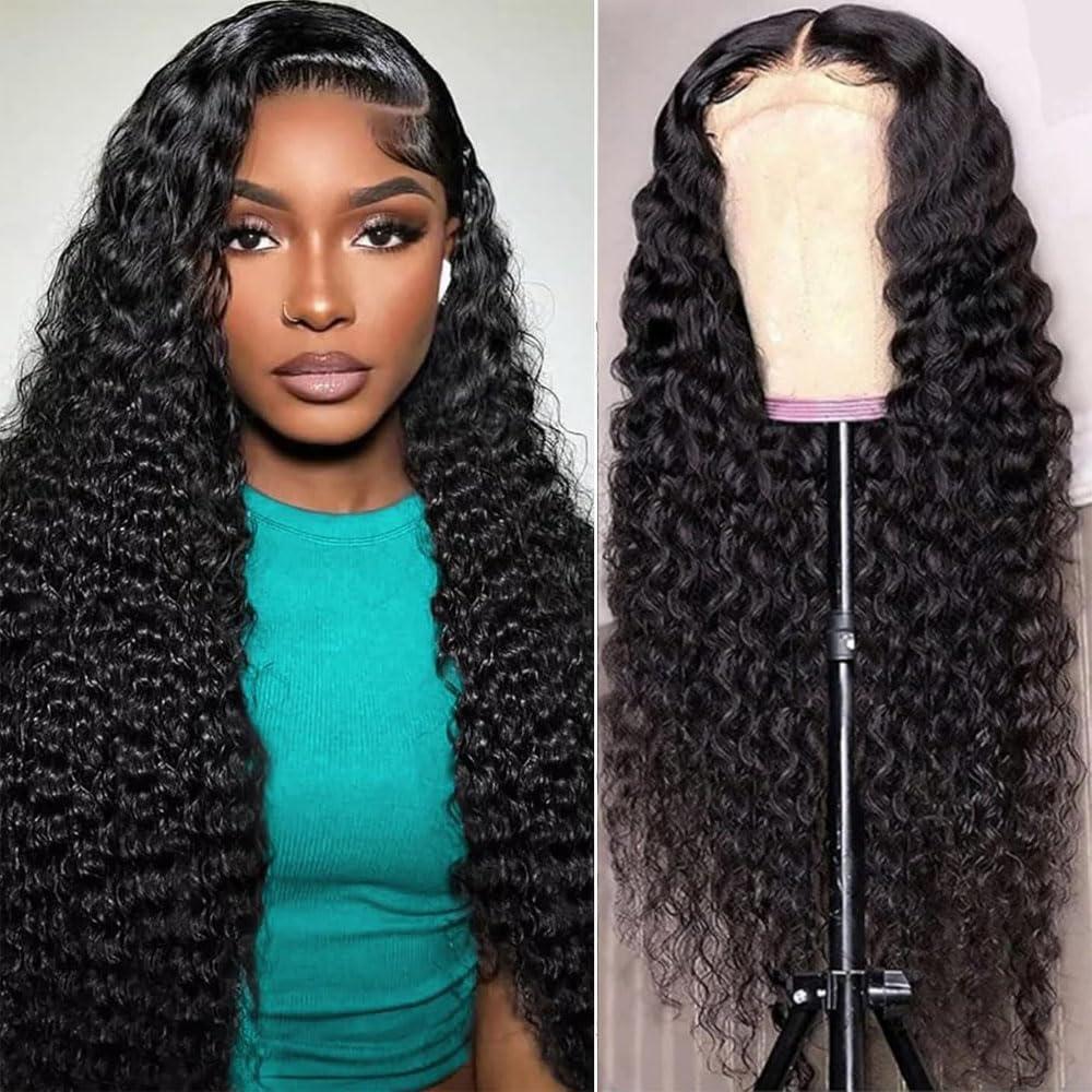 28 Inch Wig Human Hair Natural Black Deep Wave Lace Frontal Wig Human Hair Wig with Baby Hair HD Transparent 200% Density Pre Plucked For Black Women