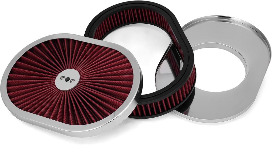 12"x2" High Flow Oval Air Cleaner Filter Assembly Compatible with GMC Chevy Ford Chrysler Dodge V8, for Carburetor 5-1/8" Carb Neck, Flow-Thru Lid, Washable and Reusable, Red Chrome