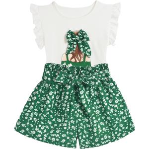 Toddler Girl Clothes 2 Piece Girls Outfits Set Print Bow Top and Belted Ditsy Floral Shorts for Spring Summer (S)