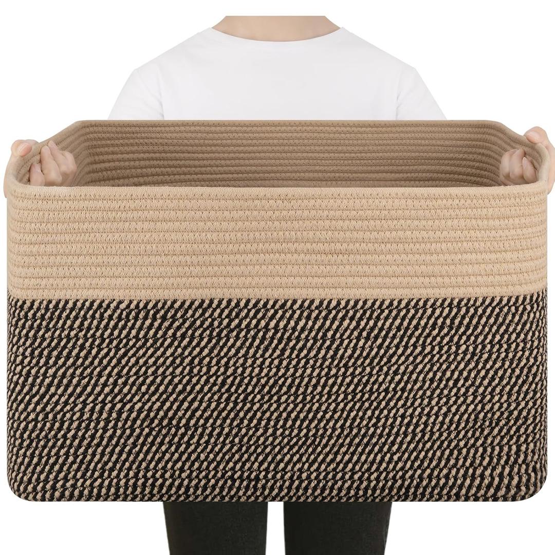75L Large Cotton Rope Basket, Soft Toy Storage Bin for Nursery & Living Room, Decorative Blanket Basket for Bedroom, Baby-Safe Organizer for Pillows &Laundry, 22''×17''×12'', Brown & Black