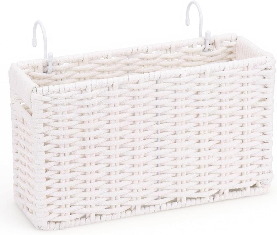 Cotton Rope Woven Bedside Caddy for Dorm Bed, Foldable Bedside Shelf Bunk Bed Accessories, College Dorm Room Essentials Hanging Organizers Storage Basket, Room Decor Magazine File Holder (White)
