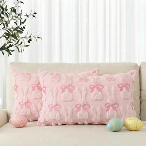 AVOIN colorlife Easter Rabbits Pink Embroidered Throw Pillow Covers, 12 x 20 Inch Bunny Soft Plush Faux Fur Jacquard Cushion Case Decoration for Sofa Couch Set of 2