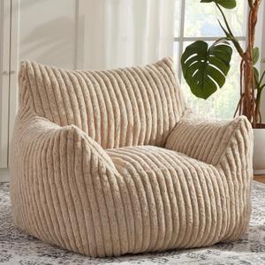 Giant Bean Bag Chairs for Adults with Filling Plush Fluffy Bean Bag Chairs for Teens with Armrests Comfy BeanBag Lazy Couch Sofa Chair for Bedroom Living Room Reading (Beige)